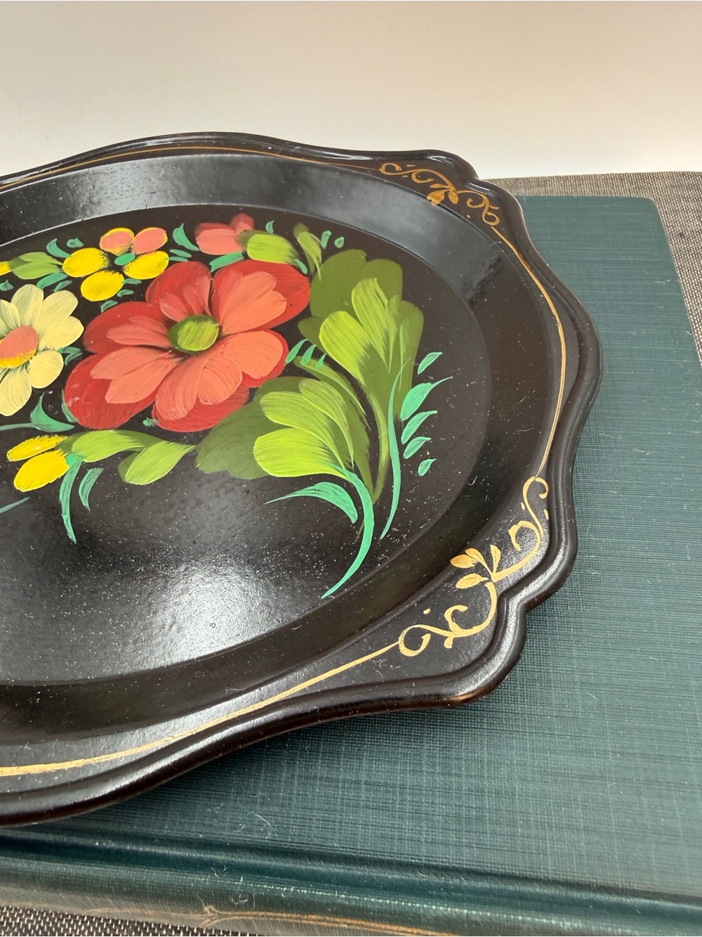 Vintage Russian Hand Painted Floral Flowers Toleware Black Serving Tray 7x6 - Picture 7 of 11